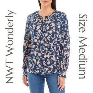 Wonderly - Women's Printed Banded Blouse - Viney Navy - Size Medium - NWT